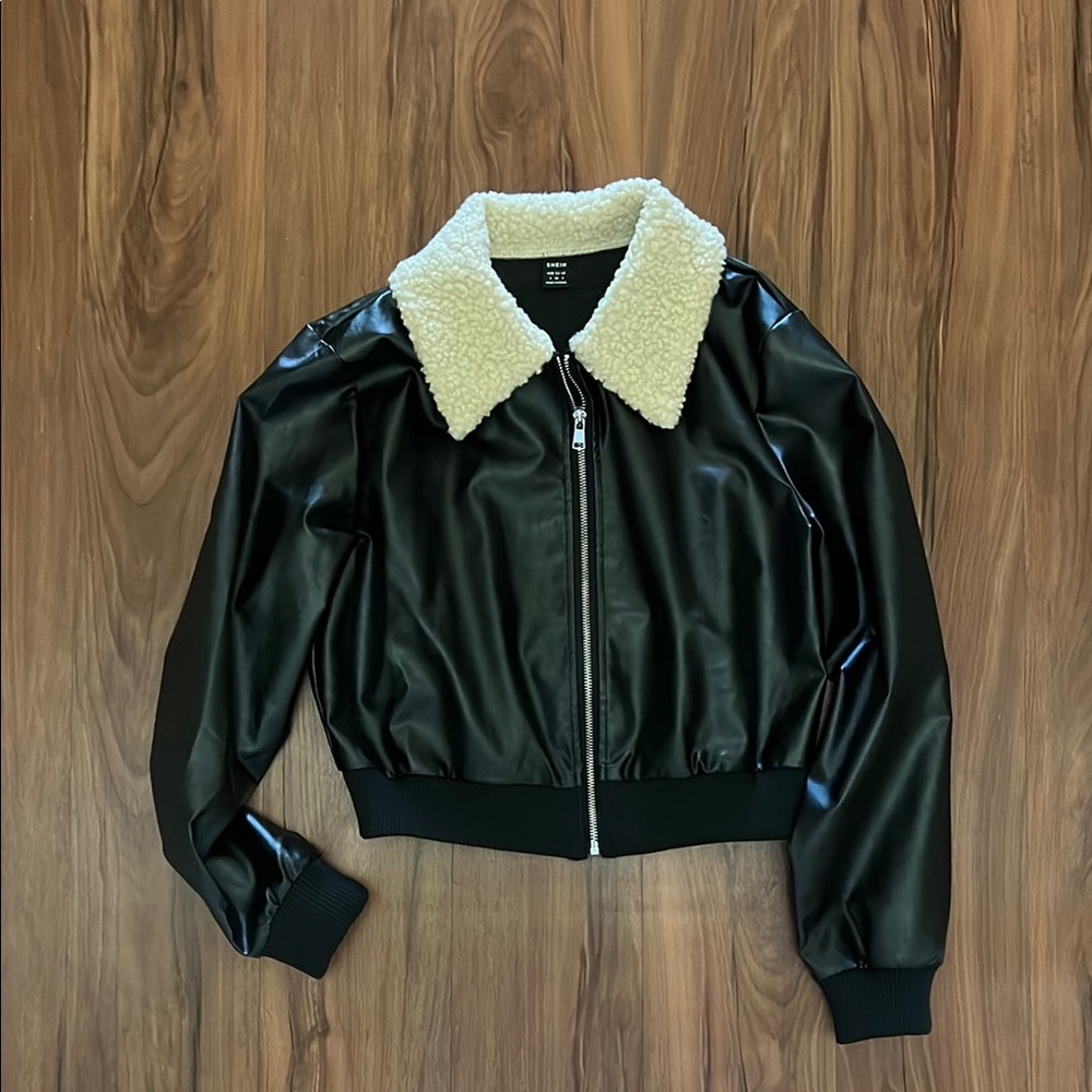 Black Faux Leather Jacket with Cream Collar